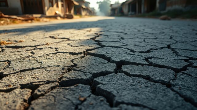 Arid Landscape Sun-baked earth cracks stretch towards distant buildings along a parched road.