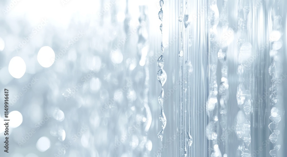 Poster close-up of cascading water droplets, glistening and translucent, creating a mesmerizing curtain of 