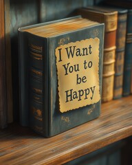 Decorative book with "I Want You to be Happy" message on a shelf.