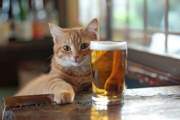Adorable ginger cat resting its paw near a pint of beer on a wooden bar counter in a traditional pub