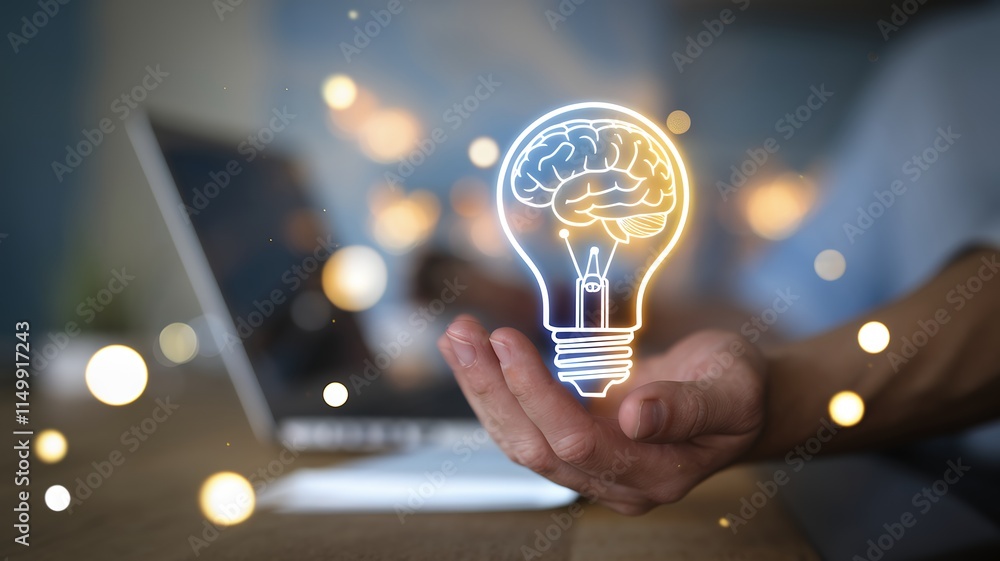 Poster Two Hands Holding Virtual Lightbulb with Brain Bokeh Background Smart Idea Concept