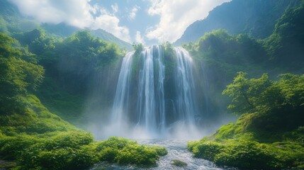 Fototapeta premium Serene waterfall cascading down lush green mountain.