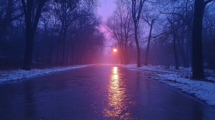 Sunset over snowy path, reflecting water.