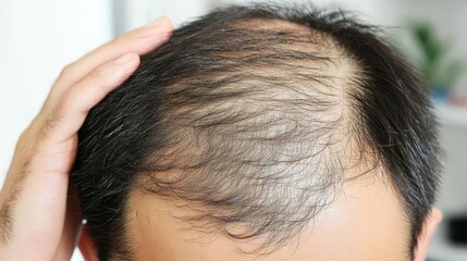 Fototapeta premium Close-up front view of a man with hair loss and thinning on the crown, a candid look at the reality of hair loss.