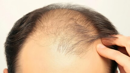 Fototapeta premium Close-up front view of a man with hair loss and thinning on the crown, a candid look at the reality of hair loss.