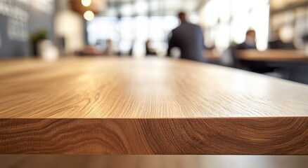 Close-up of a light brown wooden table in a cafe with blurred background of people.