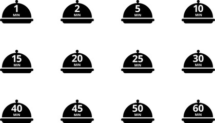 Cooking time and pot icon set. Cook for 1, 2, 5, 10, 15, 20, 25, 30, 40, 45, 50, 60 minutes vector icon.
