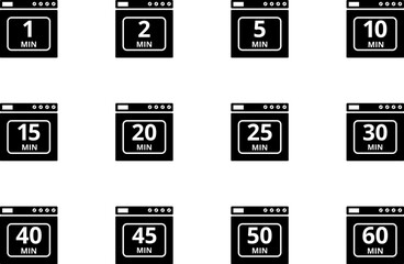Cooking time and pot icon set. Cook for 1, 2, 5, 10, 15, 20, 25, 30, 40, 45, 50, 60 minutes vector icon.