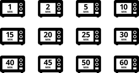 Cooking time and pot icon set. Cook for 1, 2, 5, 10, 15, 20, 25, 30, 40, 45, 50, 60 minutes vector icon.