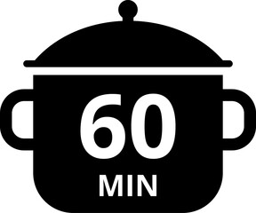 Cooking time and pot icon set. Cook for 1, 2, 5, 10, 15, 20, 25, 30, 40, 45, 50, 60 minutes vector icon.