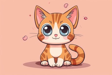 Obraz premium Adorable cartoon kitten sits contentedly amidst floating hearts, creating a heartwarming and charming scene