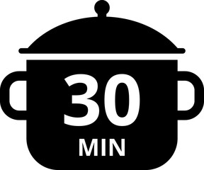Cooking time and pot icon set. Cook for 1, 2, 5, 10, 15, 20, 25, 30, 40, 45, 50, 60 minutes vector icon.