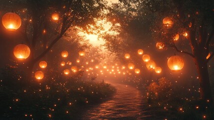Naklejka premium Enchanted forest path, glowing lanterns, magical scene.