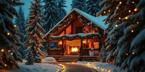 Cozy winter cabin adorned with festive lights and garland, inviting warmth and a snowy wonderland setting