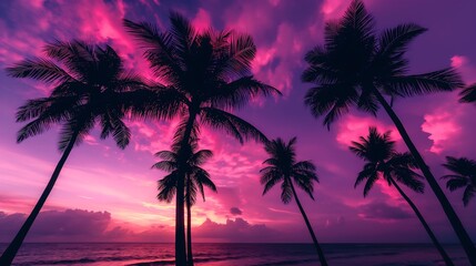 Sun setting behind a row of palm trees on a tropical island beach.
