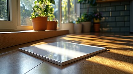 Fototapeta premium White square on wooden floor, sunlit.