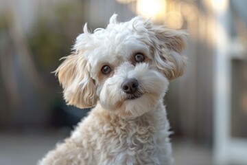 Small, fluffy puppy dog tilting its head with a curious expression