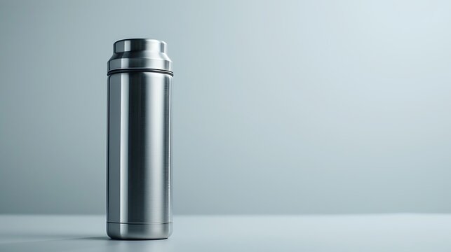 Stainless steel thermos flask with a secure lid on a white background.