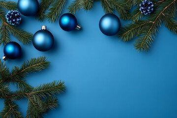 Christmas flat lay composition with blue baubles and green fir branches on a blue background