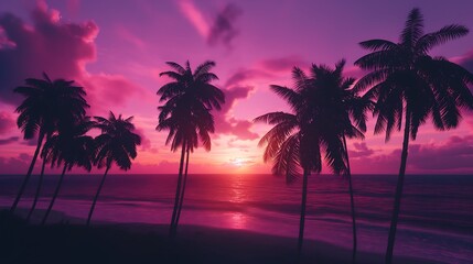 Obraz premium Silhouette of palm trees against a stunning pink and purple sunset by the ocean.