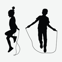 Jump Rope Silhouette Set: Male and Female Sport Figures, kids male and Female Jump Rope Silhouettes for Fitness and Sports.