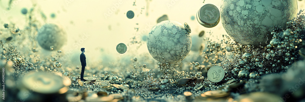 Poster a thriving ecosystem of abstract shapes and coins, where various creatures represent different aspec
