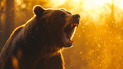 The fierce roar of a grizzly bear is highlighted with dramatic golden backlight, detailed fur, and an emotional expression, captured within a misty forest for a powerful wildlife portrait.