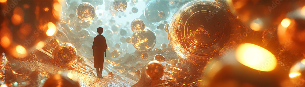 Poster a thriving ecosystem of abstract shapes and coins, where various creatures represent different aspec