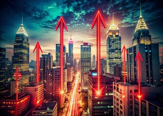 Obraz premium Vintage Cityscape: Glowing Red Arrows Ascent, Progress & Growth Stock Photo