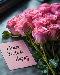 Pink roses bouquet with "I want you to be happy" message.