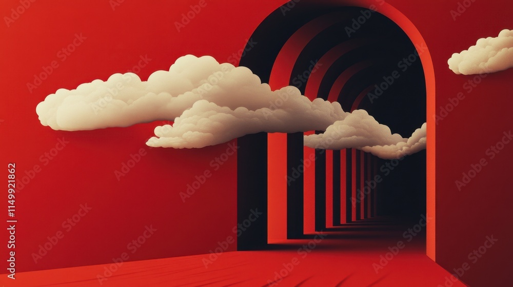 Poster a bold, minimal abstract design with a deep red background and clouds flowing out of a tunnel, addin