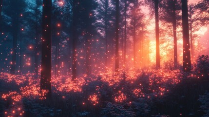 Naklejka premium A mystical forest scene illuminated by glowing particles and vibrant colors at sunset.