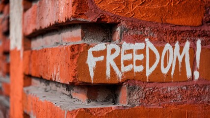 Fototapeta premium A solid brick wall of rich bright red color. The wall surface is rough and has a textured appearance. There is graffiti on the wall with the words 