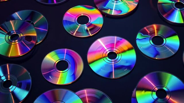 Assortment of shiny compact discs reflecting a spectrum of colors in a pattern, symbolizing data storage