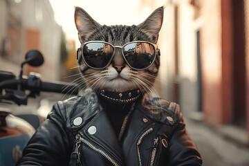 Cool Cat Rider: A Tabby in Leather Jacket and Sunglasses on a Motorcycle