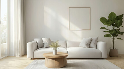 Clean and Simple Living Room with Light Gray Couch and Potted Plant