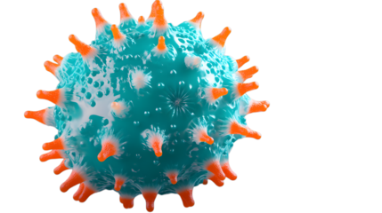 3D turquoise virus cell with a smooth surface and orange spiked projections, ideal for microbiology illustrations. Isolated on transparent background