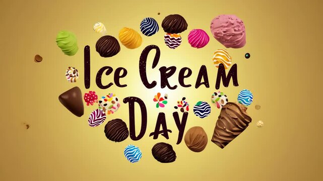 A colorful poster for Ice Cream Day. The poster features a variety of ice cream treats, including ice cream cones, ice cream sandwiches, and ice cream balls