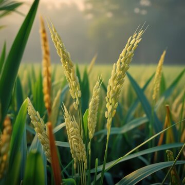 Paddy rice plant surrounded by lush green foliage 