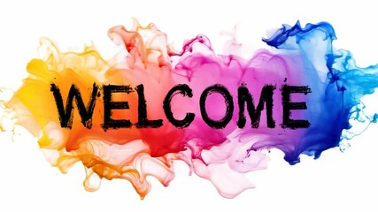 The word "welcome" is written in black on a colorful background. The background is a mix of different colors, creating a vibrant and eye-catching design