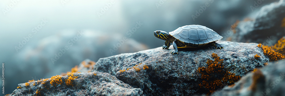 Poster a tiny turtle slowly moving across a granite rock, with lichen-covered surfaces glowing under the so