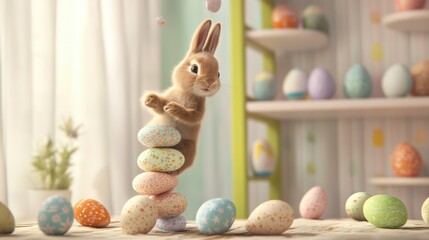 A brown bunny playfully knocking over a tower of stacked Easter eggs, creating a whimsical scene.