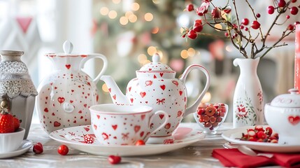 Fototapeta premium A charming tea party adorned with red and white heart themed decorations featuring a romantic teapot as the centerpiece