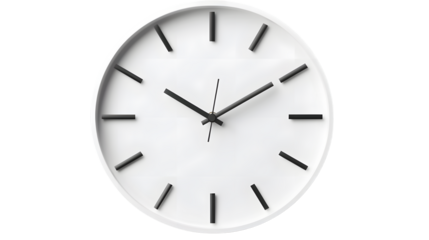 Minimalist white wall clock with simple black hands and raised markers, perfect for contemporary interiors. Isolated on transparent background