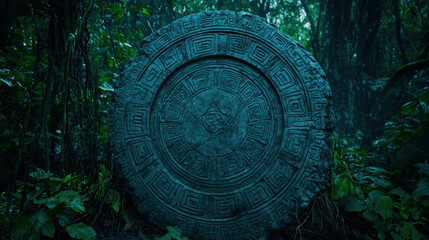 Fototapeta premium Colossal Stone Wheel Embedded in Lush Jungle Environment Surrounded by Greenery