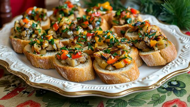 Delicious appetizer platter featuring toasted bread topped with vegetables and herbs for a festive gathering