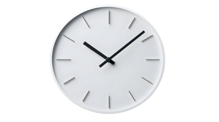 Minimalist white wall clock with simple black hands and raised markers, perfect for contemporary interiors. Isolated on transparent background