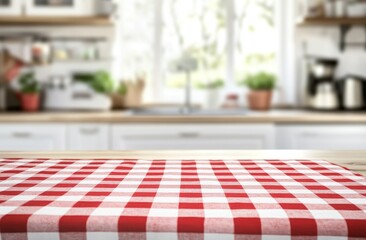 Red checkered tablecloth on wooden kitchen table. (5)