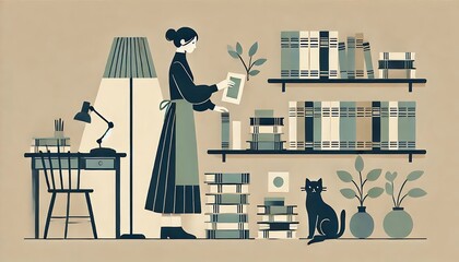 Home Library with a Feline Friend