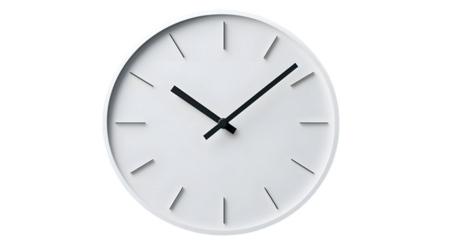 Minimalist white wall clock with simple black hands and raised markers, perfect for contemporary interiors. Isolated on transparent background